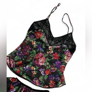 Vtg Oscar de la Renta Black Lace Sheer Floral Lingerie Camisole Set Size 40